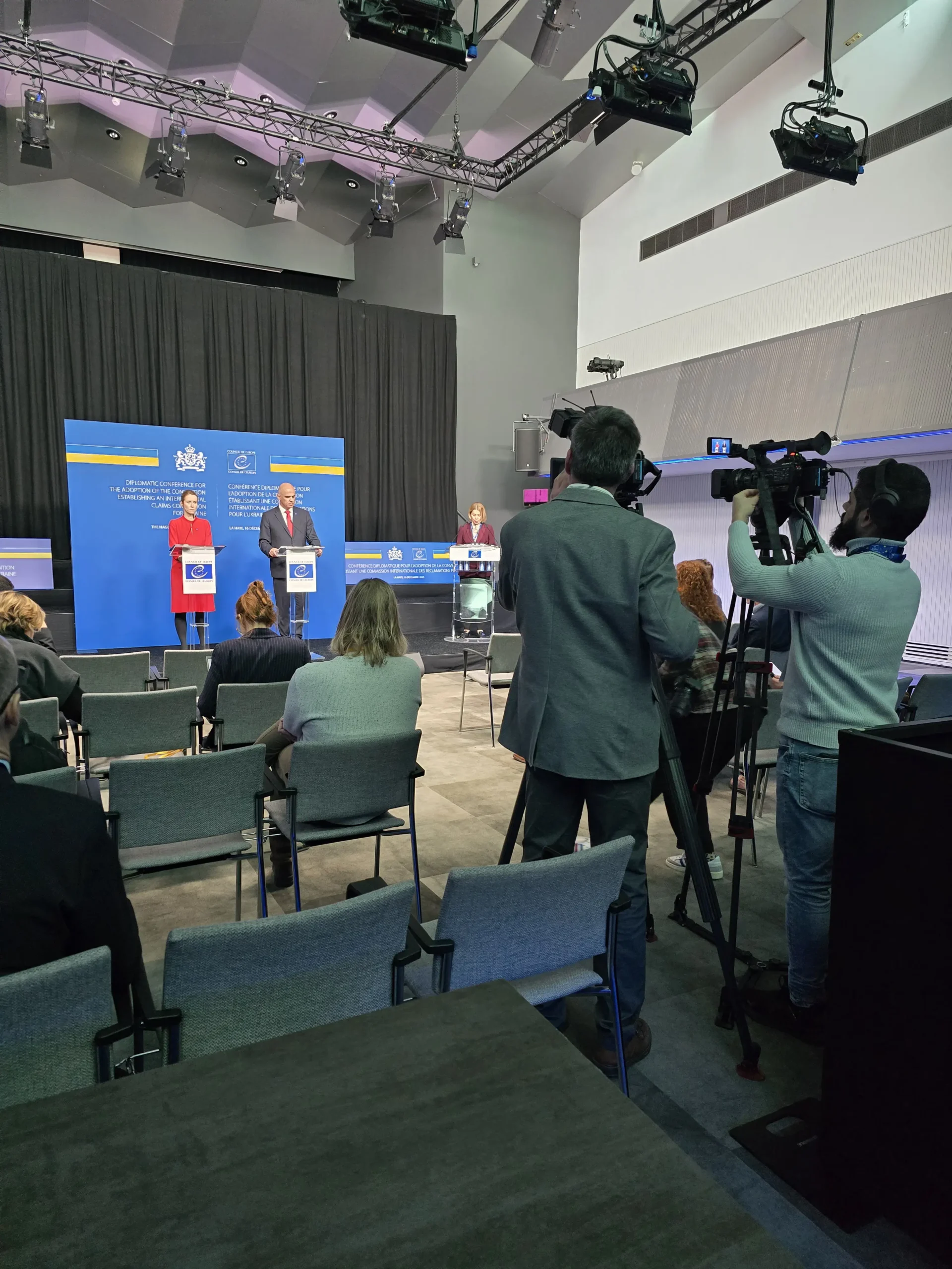 CamJo24 camera crew filming Kaja Kallas at the Diplomatic Conference for Ukraine Claims Commission The Hague December 2025