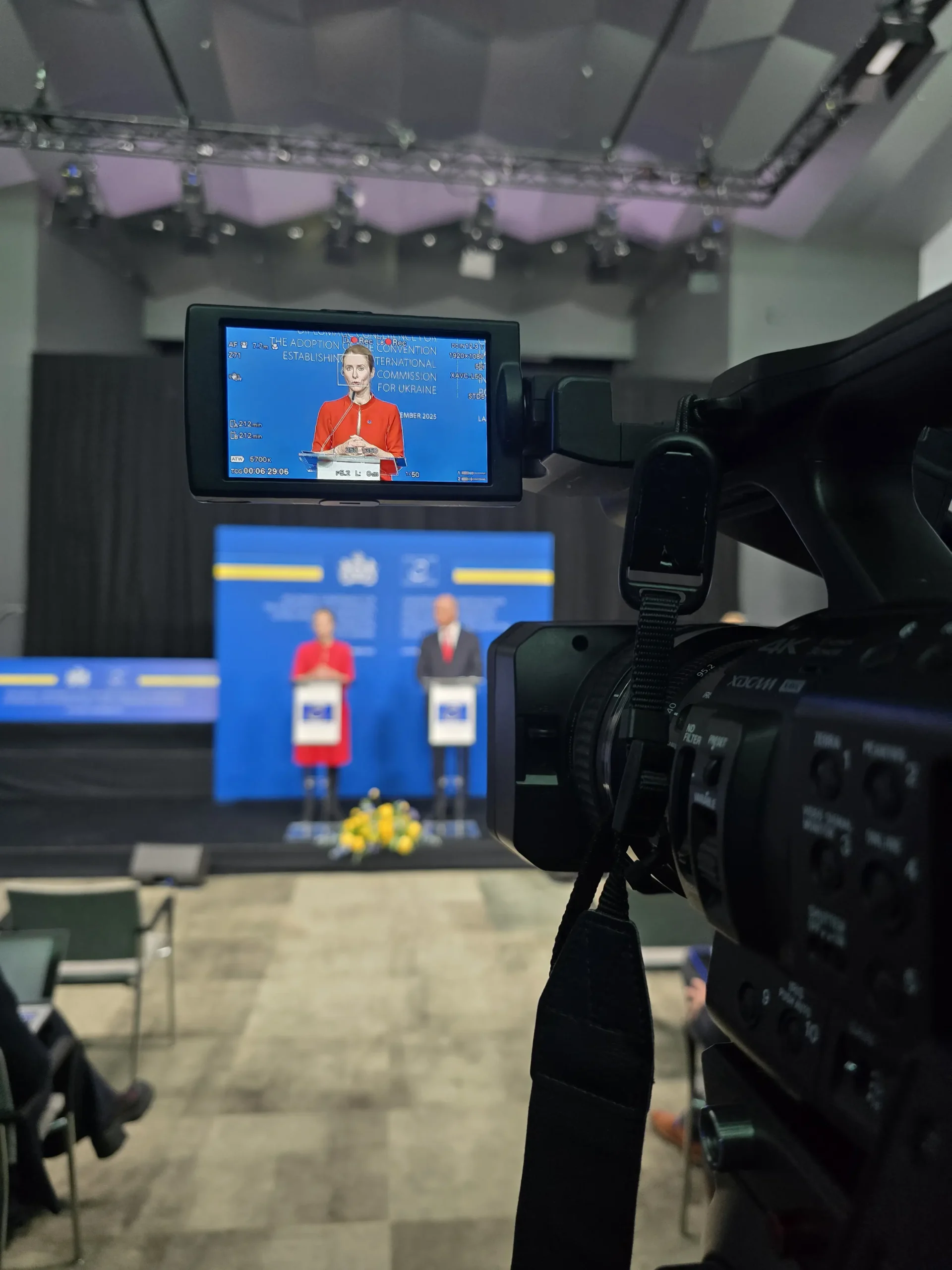 Sony FS5 M2 camera monitor showing Kaja Kallas at Diplomatic Conference The Hague December 2025