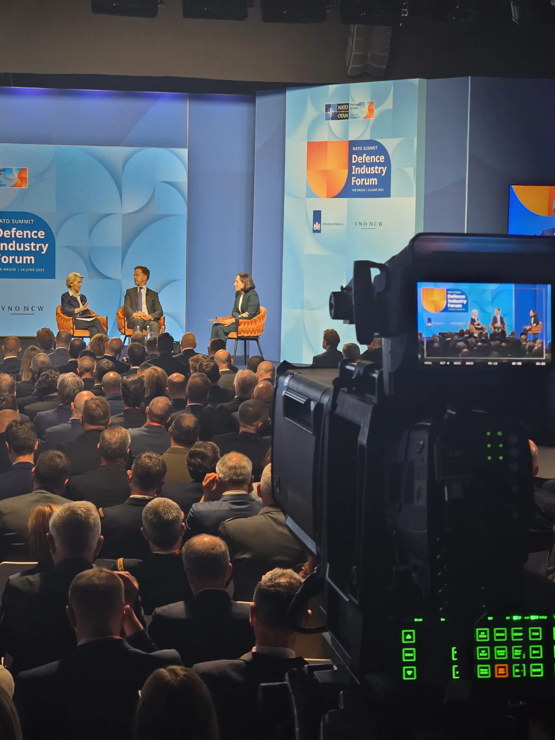 NATO Secretary General Mark Rutte and European Commission President Ursula von der Leyen on stage at NATO Defence Industry Forum The Hague