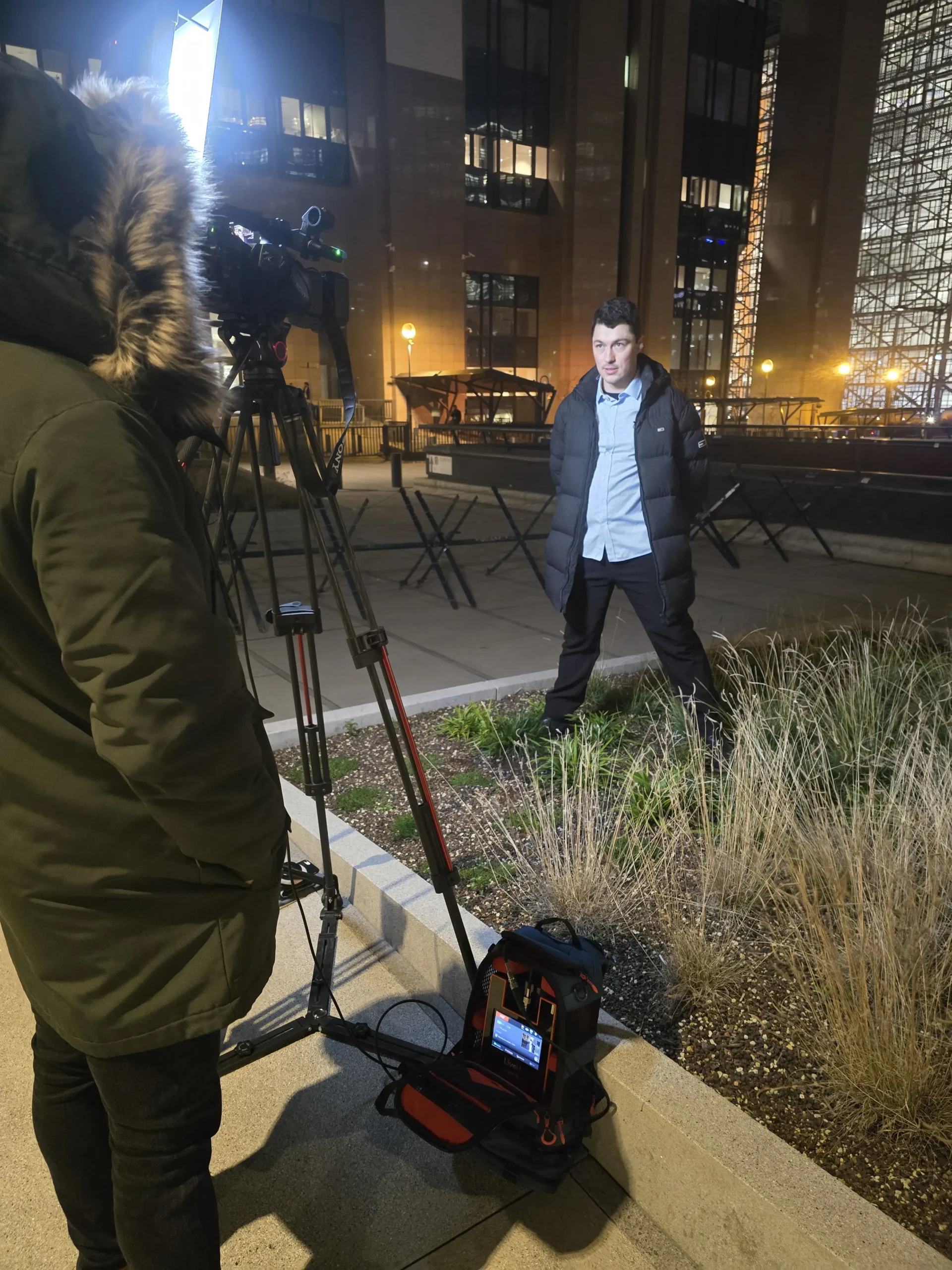 ProSieben reporter live ENG broadcast at dawn outside European Commission Brussels