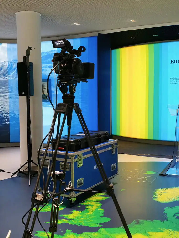 Sony FS5 MII on a tripod at the Europa Experience in The Hague, set up for the European Parliament live stream