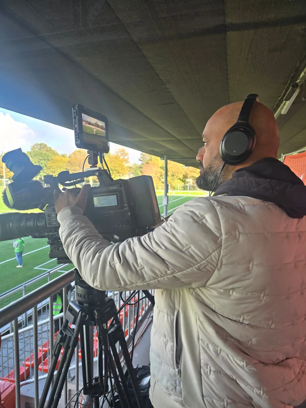 CamJo24 camera operator on a tripod position in the main stand during the Rugby Europe Super Cup in Amsterdam