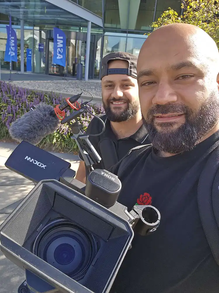 CamJo24 Team 1, camera operator and producer, with a Sony FS5 MII outside ASML in Veldhoven